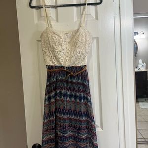 Lily Rose dress w/ belt. Cream colored bodice. Sheer patterned skirt. GUC